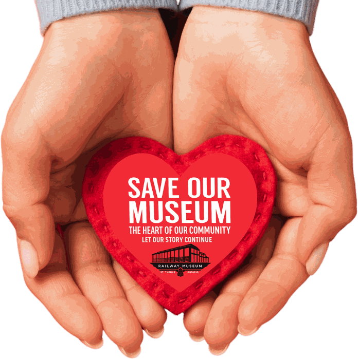 Hands holding a red felt heart with the Save Our Museum logo
